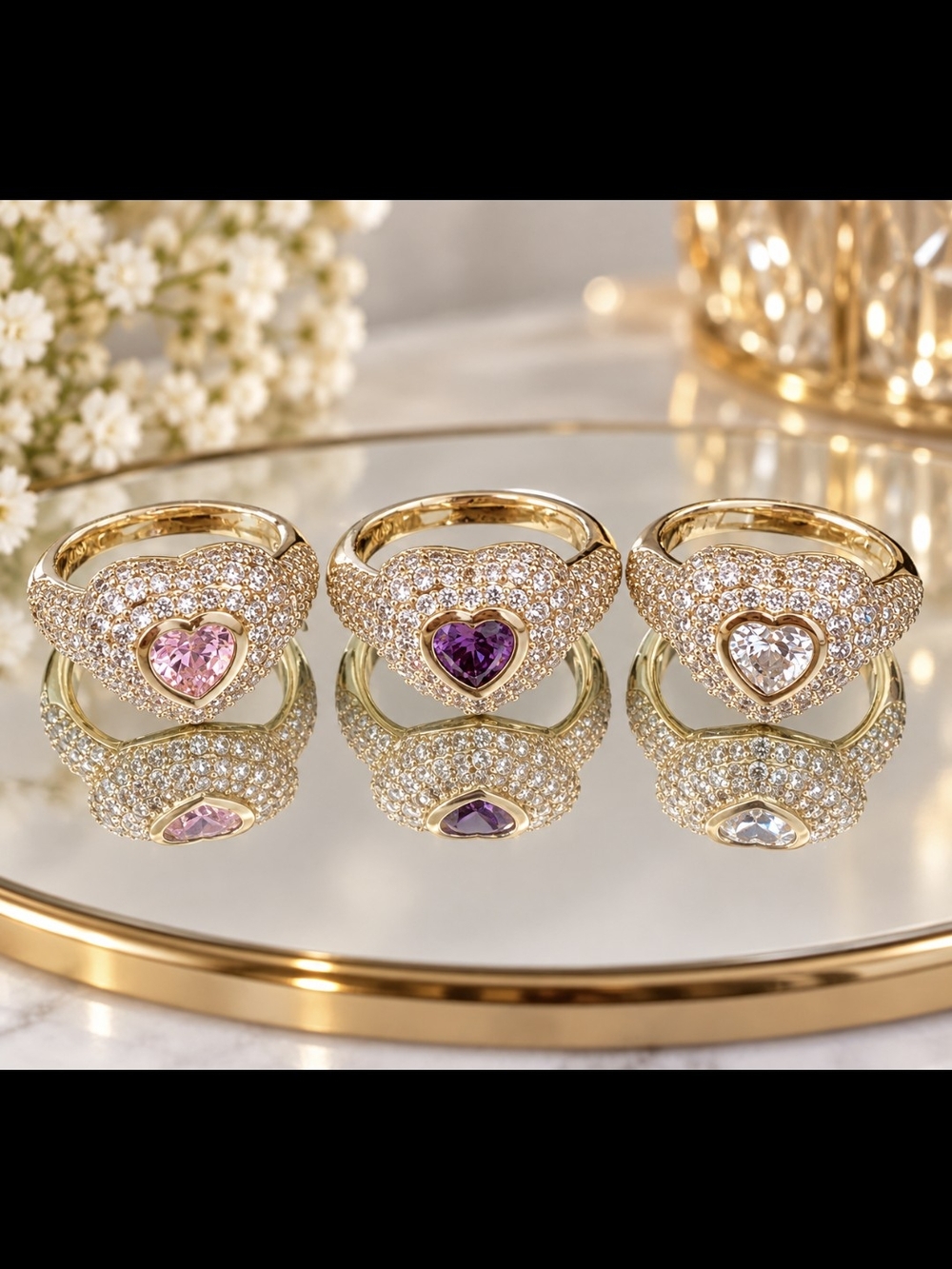Gold Heart Cocktail Ring with Pink, Purple, or Clear Heart Gem